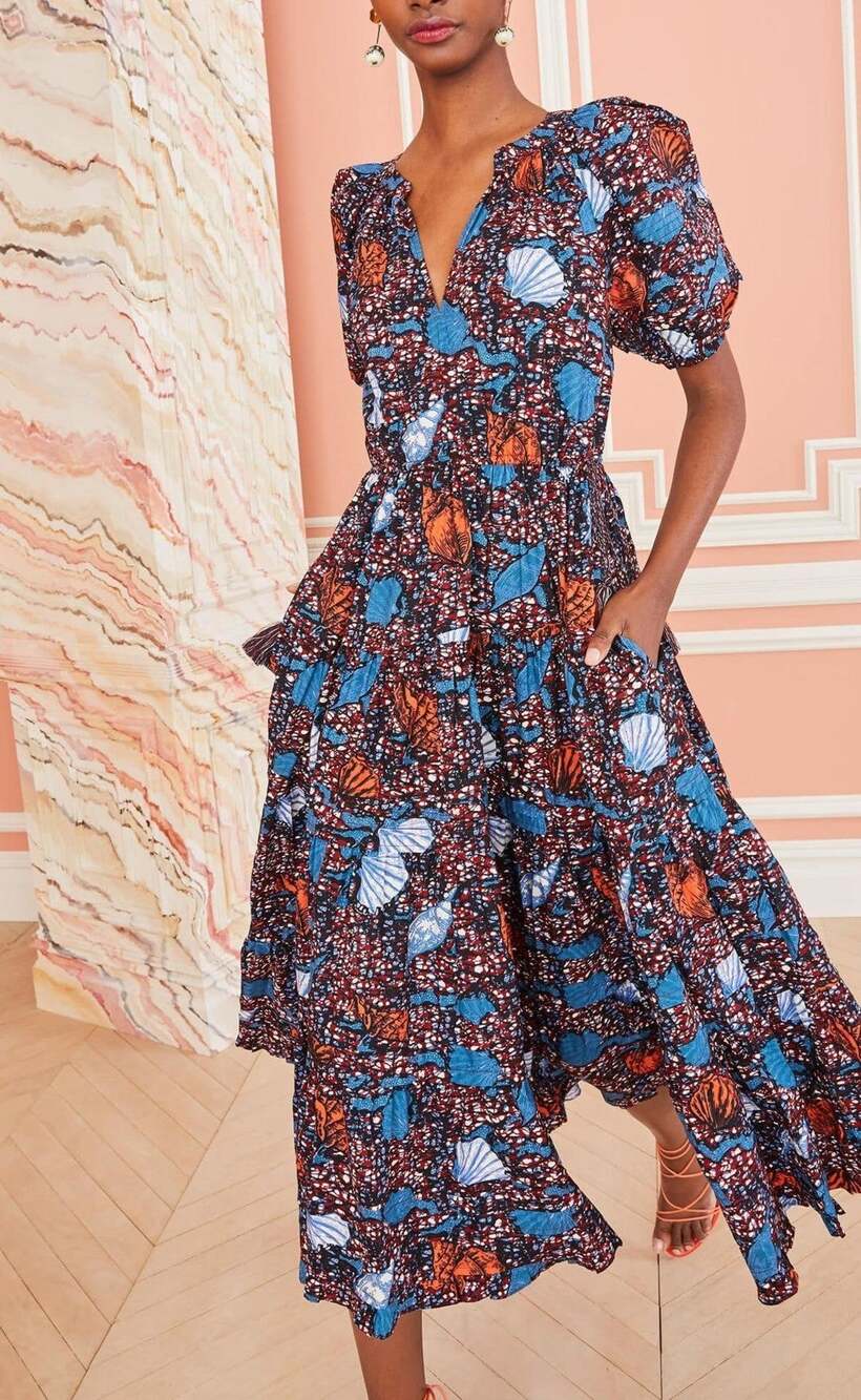 Ulla Johnson LN Azul Printed Claribel Tiered Cotton Poplin Maxi Dress Size 0